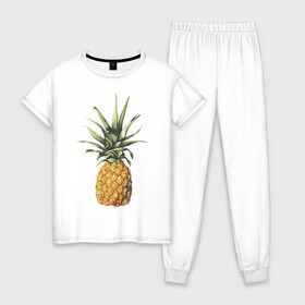 Женская пижама хлопок с принтом ананас в Курске, 100% хлопок | брюки и футболка прямого кроя, без карманов, на брюках мягкая резинка на поясе и по низу штанин | акварель | ананас | один | реалистичный | сочный | фрукты | яркий