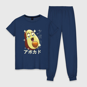 Женская пижама хлопок с принтом Японский кавайный авокадо в Курске, 100% хлопок | брюки и футболка прямого кроя, без карманов, на брюках мягкая резинка на поясе и по низу штанин | Тематика изображения на принте: anime | art | avocado | cute | fashion | japan | japanese | kanji | kawaii | manga | vegetables | vintage | алфавит | аниме | арт | в японском стиле | винтаж | кандзи | манга | милота | милый авокадо | овощи | символы | смех | японские буквы | 