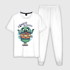 Мужская пижама хлопок с принтом Zombie Burger! в Курске, 100% хлопок | брюки и футболка прямого кроя, без карманов, на брюках мягкая резинка на поясе и по низу штанин
 | Тематика изображения на принте: бургер | вредная еда | гамбургер | зомби | иллюстрация