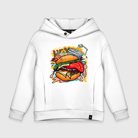 Детское худи Oversize хлопок с принтом Hey, Burger!  в Курске, френч-терри — 70% хлопок, 30% полиэстер. Мягкий теплый начес внутри —100% хлопок | боковые карманы, эластичные манжеты и нижняя кромка, капюшон на магнитной кнопке | burger | вредная еда | гамбургер | иллюстрация | напиток