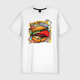 Мужская футболка хлопок Slim с принтом Hey, Burger!  в Курске, 92% хлопок, 8% лайкра | приталенный силуэт, круглый вырез ворота, длина до линии бедра, короткий рукав | burger | вредная еда | гамбургер | иллюстрация | напиток