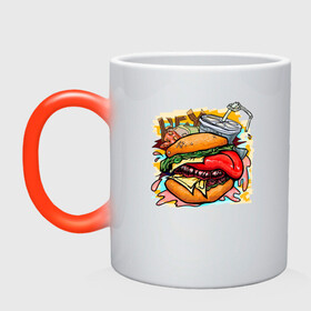 Кружка хамелеон с принтом Hey, Burger!  в Курске, керамика | меняет цвет при нагревании, емкость 330 мл | burger | вредная еда | гамбургер | иллюстрация | напиток