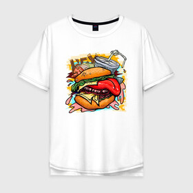 Мужская футболка хлопок Oversize с принтом Hey, Burger!  в Курске, 100% хлопок | свободный крой, круглый ворот, “спинка” длиннее передней части | burger | вредная еда | гамбургер | иллюстрация | напиток