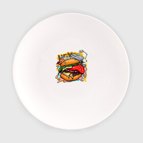 Тарелка с принтом Hey, Burger!  в Курске, фарфор | диаметр - 210 мм
диаметр для нанесения принта - 120 мм | burger | вредная еда | гамбургер | иллюстрация | напиток
