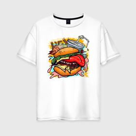 Женская футболка хлопок Oversize с принтом Hey, Burger!  в Курске, 100% хлопок | свободный крой, круглый ворот, спущенный рукав, длина до линии бедер
 | burger | вредная еда | гамбургер | иллюстрация | напиток