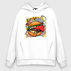 Мужское худи Oversize хлопок с принтом Hey, Burger!  в Курске, френч-терри — 70% хлопок, 30% полиэстер. Мягкий теплый начес внутри —100% хлопок | боковые карманы, эластичные манжеты и нижняя кромка, капюшон на магнитной кнопке | burger | вредная еда | гамбургер | иллюстрация | напиток