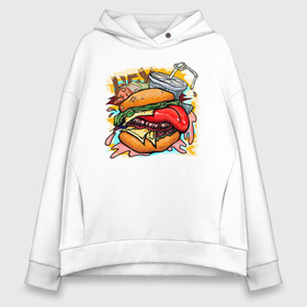 Женское худи Oversize хлопок с принтом Hey, Burger!  в Курске, френч-терри — 70% хлопок, 30% полиэстер. Мягкий теплый начес внутри —100% хлопок | боковые карманы, эластичные манжеты и нижняя кромка, капюшон на магнитной кнопке | burger | вредная еда | гамбургер | иллюстрация | напиток