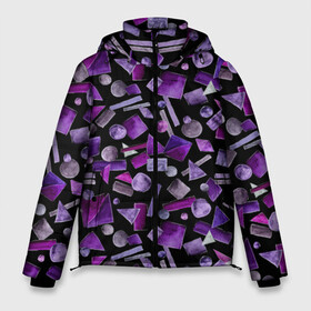 Мужская зимняя куртка 3D с принтом Геометрический фиолетовый в Курске, верх — 100% полиэстер; подкладка — 100% полиэстер; утеплитель — 100% полиэстер | длина ниже бедра, свободный силуэт Оверсайз. Есть воротник-стойка, отстегивающийся капюшон и ветрозащитная планка. 

Боковые карманы с листочкой на кнопках и внутренний карман на молнии. | Тематика изображения на принте: abstraction | black | dark | geometric | violet | абстракция | геометрический | геометрия | квадрат | круг | линии | темный | треугольник | фиолетовый | черный