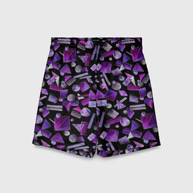 Детские спортивные шорты 3D с принтом Геометрический фиолетовый в Курске,  100% полиэстер
 | пояс оформлен широкой мягкой резинкой, ткань тянется
 | abstraction | black | dark | geometric | violet | абстракция | геометрический | геометрия | квадрат | круг | линии | темный | треугольник | фиолетовый | черный