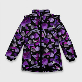 Зимняя куртка для девочек 3D с принтом Геометрический фиолетовый в Курске, ткань верха — 100% полиэстер; подклад — 100% полиэстер, утеплитель — 100% полиэстер. | длина ниже бедра, удлиненная спинка, воротник стойка и отстегивающийся капюшон. Есть боковые карманы с листочкой на кнопках, утяжки по низу изделия и внутренний карман на молнии. 

Предусмотрены светоотражающий принт на спинке, радужный светоотражающий элемент на пуллере молнии и на резинке для утяжки. | abstraction | black | dark | geometric | violet | абстракция | геометрический | геометрия | квадрат | круг | линии | темный | треугольник | фиолетовый | черный
