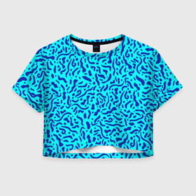 Женская футболка Crop-top 3D с принтом Неоновые синие узоры в Курске, 100% полиэстер | круглая горловина, длина футболки до линии талии, рукава с отворотами | abstract | blue | neon | sea | абстракционизм | абстракция | африканские | вода | волны | голубые узоры | камуфляж | лагуна | линии | мелкий узор | мемфис | море | морское | неоновый | орнамент | пятна | пятнистый