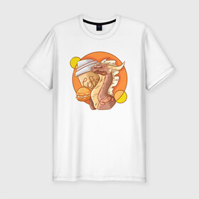 Мужская футболка хлопок Slim с принтом Кофейный дракон в Курске, 92% хлопок, 8% лайкра | приталенный силуэт, круглый вырез ворота, длина до линии бедра, короткий рукав | дракон | дракон с кофе | коричневый | кофе | оранжевый