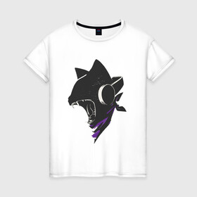 Женская футболка хлопок с принтом Evil Cat в Курске, 100% хлопок | прямой крой, круглый вырез горловины, длина до линии бедер, слегка спущенное плечо | иллюстрация | котенок | котик | музыка | наушники