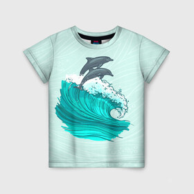 Детская футболка 3D с принтом Два дельфина в Курске, 100% гипоаллергенный полиэфир | прямой крой, круглый вырез горловины, длина до линии бедер, чуть спущенное плечо, ткань немного тянется | dolphin | волна | два дельфина | дельфин | дельфины | море | морские | на голубом | с дельфином