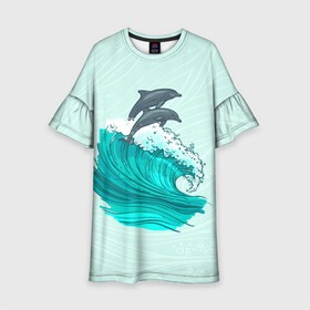 Детское платье 3D с принтом Два дельфина в Курске, 100% полиэстер | прямой силуэт, чуть расширенный к низу. Круглая горловина, на рукавах — воланы | Тематика изображения на принте: dolphin | волна | два дельфина | дельфин | дельфины | море | морские | на голубом | с дельфином