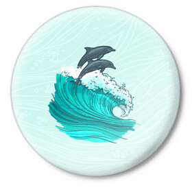 Значок с принтом Два дельфина в Курске,  металл | круглая форма, металлическая застежка в виде булавки | dolphin | волна | два дельфина | дельфин | дельфины | море | морские | на голубом | с дельфином