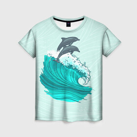 Женская футболка 3D с принтом Два дельфина в Курске, 100% полиэфир ( синтетическое хлопкоподобное полотно) | прямой крой, круглый вырез горловины, длина до линии бедер | dolphin | волна | два дельфина | дельфин | дельфины | море | морские | на голубом | с дельфином