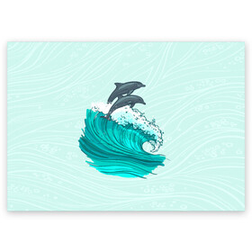 Поздравительная открытка с принтом Два дельфина в Курске, 100% бумага | плотность бумаги 280 г/м2, матовая, на обратной стороне линовка и место для марки
 | Тематика изображения на принте: dolphin | волна | два дельфина | дельфин | дельфины | море | морские | на голубом | с дельфином