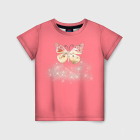 Детская футболка 3D с принтом Блестящая бабочка в Курске, 100% гипоаллергенный полиэфир | прямой крой, круглый вырез горловины, длина до линии бедер, чуть спущенное плечо, ткань немного тянется | insects | pink girls | бабочка | блёстки | опыление | пыльца | розовое