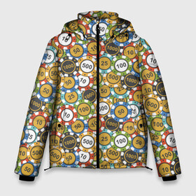 Мужская зимняя куртка 3D с принтом Покерные Фишки в Курске, верх — 100% полиэстер; подкладка — 100% полиэстер; утеплитель — 100% полиэстер | длина ниже бедра, свободный силуэт Оверсайз. Есть воротник-стойка, отстегивающийся капюшон и ветрозащитная планка. 

Боковые карманы с листочкой на кнопках и внутренний карман на молнии. | 777 | cards | casino | chips | flash | fortune | game | joker | luck | omaha | poker | roulette | straight | texas holdem | tournament | азарт | джокер | игра | казино | карты | омаха | покер | рулетка | стрит | техасский холдэм | турнир | удача | фишки |