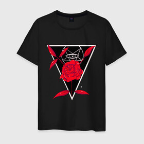 Мужская футболка хлопок с принтом Rose And eye в Курске, 100% хлопок | прямой крой, круглый вырез горловины, длина до линии бедер, слегка спущенное плечо. | геометрия | глаз | красная | красный | пентаграмма | роза | треугольник
