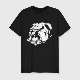 Мужская футболка хлопок Slim с принтом Бульдог белый на черном в Курске, 92% хлопок, 8% лайкра | приталенный силуэт, круглый вырез ворота, длина до линии бедра, короткий рукав | Тематика изображения на принте: dog | бульдог | животные | пес | природа | собака | собаки | собакчка | собачки