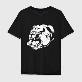 Мужская футболка хлопок Oversize с принтом Бульдог белый на черном в Курске, 100% хлопок | свободный крой, круглый ворот, “спинка” длиннее передней части | Тематика изображения на принте: dog | бульдог | животные | пес | природа | собака | собаки | собакчка | собачки