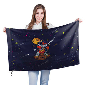 Флаг 3D с принтом Космический самурай в Курске, 100% полиэстер | плотность ткани — 95 г/м2, размер — 67 х 109 см. Принт наносится с одной стороны | астрономия | космос | меч | планета | самурай