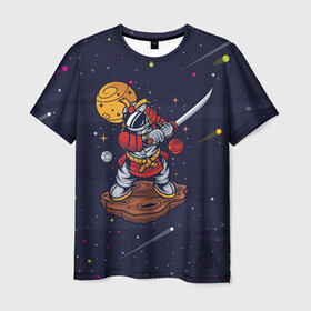 Мужская футболка 3D с принтом Космический самурай в Курске, 100% полиэфир | прямой крой, круглый вырез горловины, длина до линии бедер | Тематика изображения на принте: астрономия | космос | меч | планета | самурай