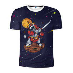 Мужская футболка 3D спортивная с принтом Космический самурай в Курске, 100% полиэстер с улучшенными характеристиками | приталенный силуэт, круглая горловина, широкие плечи, сужается к линии бедра | Тематика изображения на принте: астрономия | космос | меч | планета | самурай