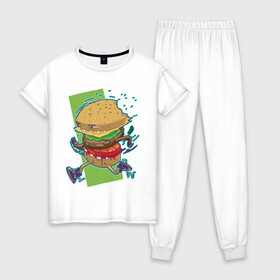 Женская пижама хлопок с принтом Fast Food в Курске, 100% хлопок | брюки и футболка прямого кроя, без карманов, на брюках мягкая резинка на поясе и по низу штанин | art | burger | cheese | cutlet | fast food | food | hamburger | salad | sandwich | арт | бургер | бутерброд | гамбургер | еда | котлета | салат | сыр | фаст фуд