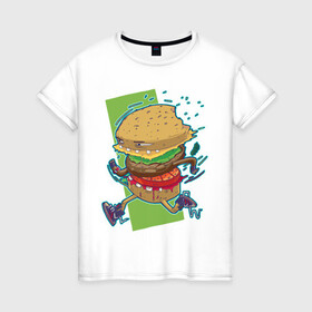 Женская футболка хлопок с принтом Fast Food в Курске, 100% хлопок | прямой крой, круглый вырез горловины, длина до линии бедер, слегка спущенное плечо | art | burger | cheese | cutlet | fast food | food | hamburger | salad | sandwich | арт | бургер | бутерброд | гамбургер | еда | котлета | салат | сыр | фаст фуд