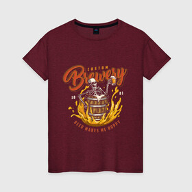 Женская футболка хлопок с принтом Пивовар в Курске, 100% хлопок | прямой крой, круглый вырез горловины, длина до линии бедер, слегка спущенное плечо | art | barrel | beer | fire | skeleton | арт | бочка | огонь | скелет