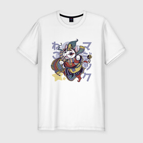 Мужская футболка хлопок Slim с принтом Аниме кот Арлекин в Курске, 92% хлопок, 8% лайкра | приталенный силуэт, круглый вырез ворота, длина до линии бедра, короткий рукав | anime | art | cat | clown | cute | folklore | harlequin | japan | japanese | kanji | kawaii | kitten | kitty | manga | арт | в японском стиле | кандзи | клоун | котёнок | манга | милота | средневековый кот | фольклор | шут | японские буквы | яп