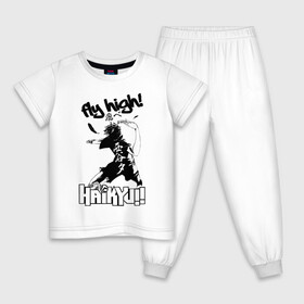 Детская пижама хлопок с принтом fly high! | Haikyuu!! в Курске, 100% хлопок |  брюки и футболка прямого кроя, без карманов, на брюках мягкая резинка на поясе и по низу штанин
 | anime | haikyu | haikyuu | karasuno | manga | аниме | волейбол | волейбольный клуб | игрок | иероглифы | карасуно | крылья | лети высоко | лого | манга | мяч | надпись | прыжок | старшая школа | удар | хаику | хаикую
