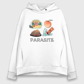 Женское худи Oversize хлопок с принтом Parasite Food в Курске, френч-терри — 70% хлопок, 30% полиэстер. Мягкий теплый начес внутри —100% хлопок | боковые карманы, эластичные манжеты и нижняя кромка, капюшон на магнитной кнопке | Тематика изображения на принте: bong joon ho | cinema | korea | movie | parasite | актер | драма | канны | кино | комедия | корея | оскар | паразиты | пон чжун хо | режиссер | семья | триллер