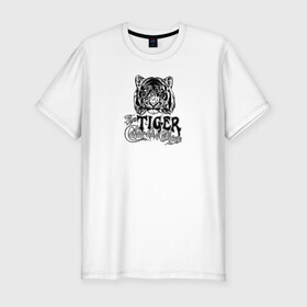 Мужская футболка хлопок Slim с принтом Tiger / Тигр в Курске, 92% хлопок, 8% лайкра | приталенный силуэт, круглый вырез ворота, длина до линии бедра, короткий рукав | Тематика изображения на принте: tiger | животные | зверь | тату | татуировка | тигр | хищник