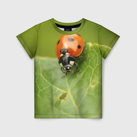 Детская футболка 3D с принтом Божья коровка в Курске, 100% гипоаллергенный полиэфир | прямой крой, круглый вырез горловины, длина до линии бедер, чуть спущенное плечо, ткань немного тянется | божья | жук | жуки | жучки | жучок | зелень | коровка | лист | листок | листья | насекомое | насекомые | природа | пятнистые | пятнистый | растение | растения | фауна | флора