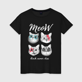 Женская футболка хлопок с принтом РОК КОТЫ в Курске, 100% хлопок | прямой крой, круглый вырез горловины, длина до линии бедер, слегка спущенное плечо | Тематика изображения на принте: and | cat | cats | cute | funny | heavy | kitten | kitty | meow | metal | music | n | pet | rock | roll | star | кот | котик | коты | кошка | кошки | крутой | музыка | рок