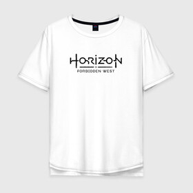 Мужская футболка хлопок Oversize с принтом Horizon Forbidden West в Курске, 100% хлопок | свободный крой, круглый ворот, “спинка” длиннее передней части | Тематика изображения на принте: aloy | dawn | forbidden | horizon | west | zero | вест | нора | племя | форбидден | хорайзен | хоризон | элой