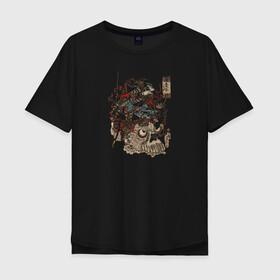 Мужская футболка хлопок Oversize с принтом Warrior on Skull в Курске, 100% хлопок | свободный крой, круглый ворот, “спинка” длиннее передней части | samurai | войн | иероглифы | монстр | ниндзя | рыцарь | самурай | скелет | череп | япония