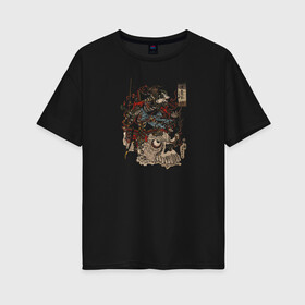 Женская футболка хлопок Oversize с принтом Warrior on Skull в Курске, 100% хлопок | свободный крой, круглый ворот, спущенный рукав, длина до линии бедер
 | samurai | войн | иероглифы | монстр | ниндзя | рыцарь | самурай | скелет | череп | япония