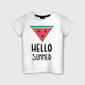 Детская футболка хлопок с принтом HELLO SUMMER в Курске, 100% хлопок | круглый вырез горловины, полуприлегающий силуэт, длина до линии бедер | funny | happy | hello | icecream | rainbow | romantic | summer | sun | арбуз | веселье | значки | лето | отдых | отпуск | привет | романтика | солнце | счастье | тепло