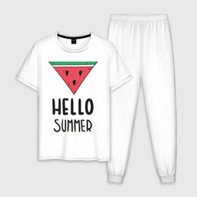 Мужская пижама хлопок с принтом HELLO SUMMER в Курске, 100% хлопок | брюки и футболка прямого кроя, без карманов, на брюках мягкая резинка на поясе и по низу штанин
 | funny | happy | hello | icecream | rainbow | romantic | summer | sun | арбуз | веселье | значки | лето | отдых | отпуск | привет | романтика | солнце | счастье | тепло