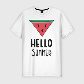 Мужская футболка хлопок Slim с принтом HELLO SUMMER в Курске, 92% хлопок, 8% лайкра | приталенный силуэт, круглый вырез ворота, длина до линии бедра, короткий рукав | funny | happy | hello | icecream | rainbow | romantic | summer | sun | арбуз | веселье | значки | лето | отдых | отпуск | привет | романтика | солнце | счастье | тепло