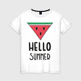 Женская футболка хлопок с принтом HELLO SUMMER в Курске, 100% хлопок | прямой крой, круглый вырез горловины, длина до линии бедер, слегка спущенное плечо | Тематика изображения на принте: funny | happy | hello | icecream | rainbow | romantic | summer | sun | арбуз | веселье | значки | лето | отдых | отпуск | привет | романтика | солнце | счастье | тепло