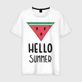 Мужская футболка хлопок с принтом HELLO SUMMER в Курске, 100% хлопок | прямой крой, круглый вырез горловины, длина до линии бедер, слегка спущенное плечо. | Тематика изображения на принте: funny | happy | hello | icecream | rainbow | romantic | summer | sun | арбуз | веселье | значки | лето | отдых | отпуск | привет | романтика | солнце | счастье | тепло