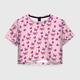 Женская футболка Crop-top 3D с принтом Бабочки фиолетовые 2 в Курске, 100% полиэстер | круглая горловина, длина футболки до линии талии, рукава с отворотами | бабочка | бабочки | насекомые | нежный | рисунок | роза | сирень | цветочек | цветочный | цветы
