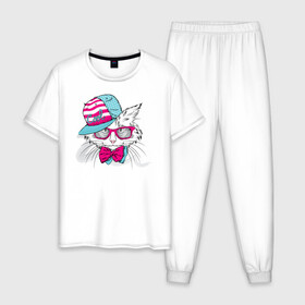 Мужская пижама хлопок с принтом Cool Cat в Курске, 100% хлопок | брюки и футболка прямого кроя, без карманов, на брюках мягкая резинка на поясе и по низу штанин
 | белый кот | иллюстрация | киска | котик | сats