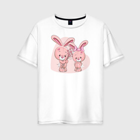Женская футболка хлопок Oversize с принтом Банни и подруга в Курске, 100% хлопок | свободный крой, круглый ворот, спущенный рукав, длина до линии бедер
 | банни | заяц | иллюстрация | кролик | милаха